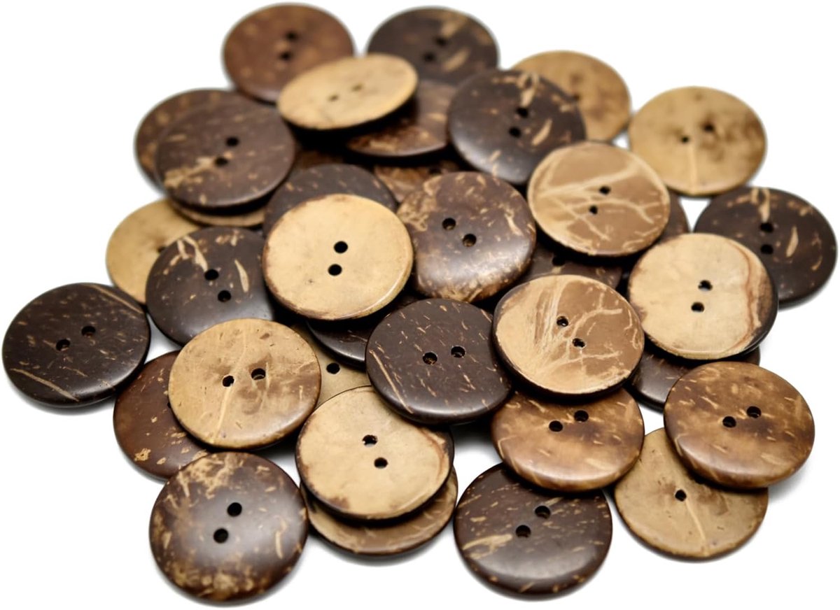 Knopen, vintage houten knopen, maat 10 mm, kokosnootschaalmateriaal, ontwerp met dubbele gaten, ideaal voor knutselen, naaien en decoreren.