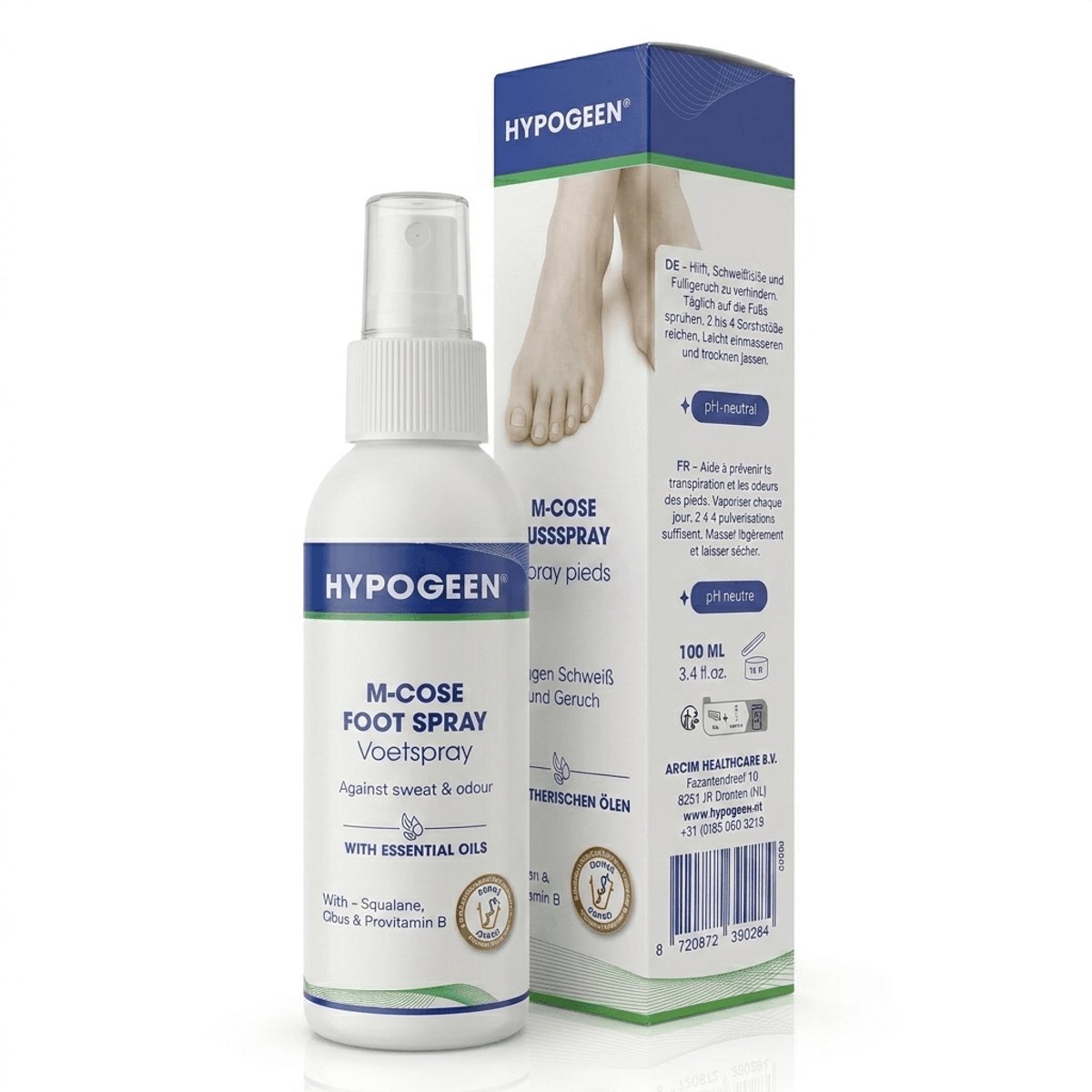 Hypogeen M-Cose Voetspray - Spray voor Zweetvoeten en Kalknagelverzorging - Voetdeodorant tegen Ongewenste Voetengeur - Met Tea Tree, Menthol en Climbazole - 100 ml