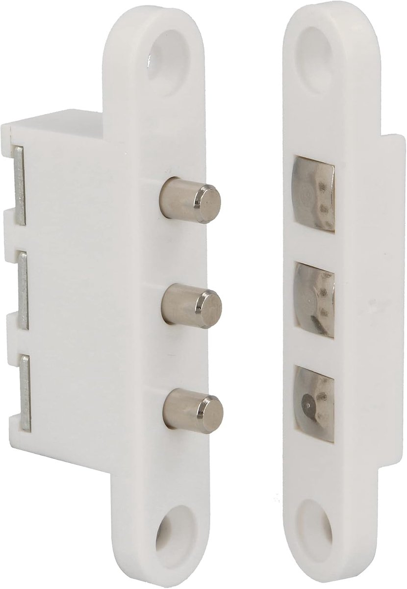 - Deurdoorvoerconnector met 3 aansluitingen, model 2P - Maximale stroomsterkte: 2A - 71 x 14 mm - Laat stroom door terwijl de deur gesloten is - Wit nylon
