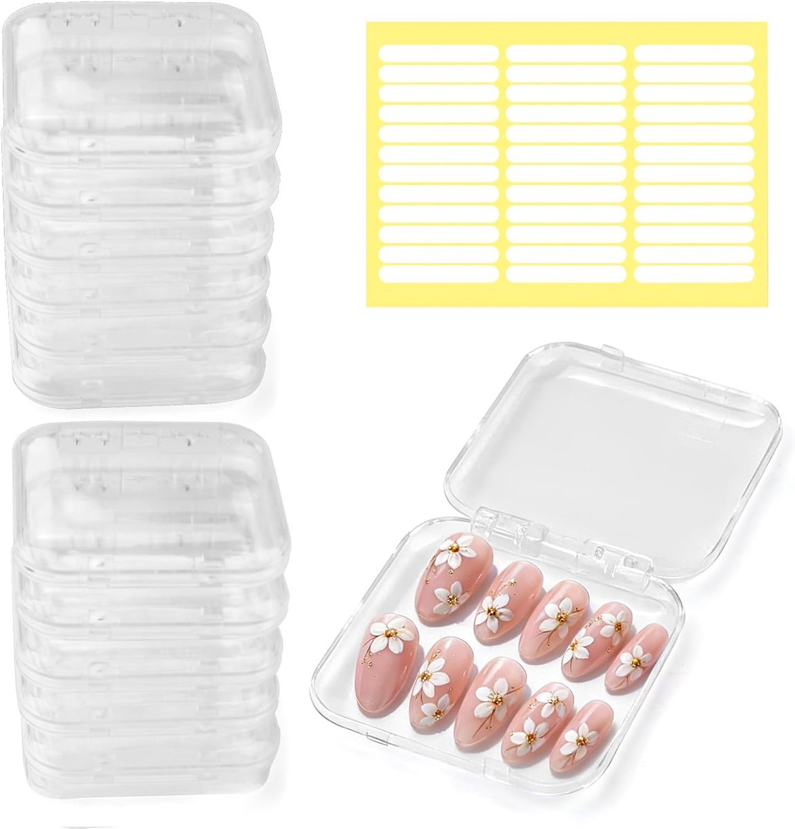 12 stuks plastic Press-on nagelverpakkingsdozen, herbruikbare transparante displaycase voor valse nagels met 36 zelfklevende dubbelzijdige tapes, opslagcontainer voor thuis, kunstsalon