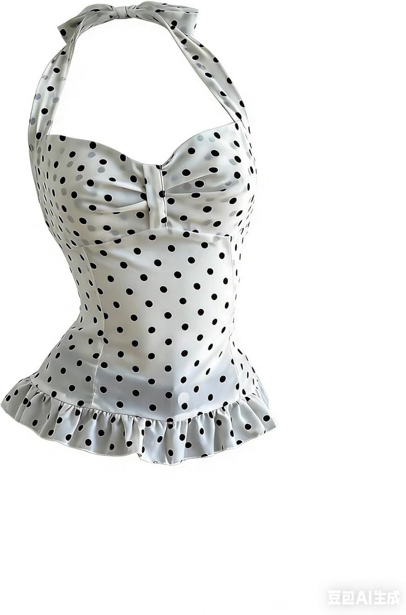 Dames haltertop met polkadots, doorzichtige zomertop, top, top met ruches bezet, camisole