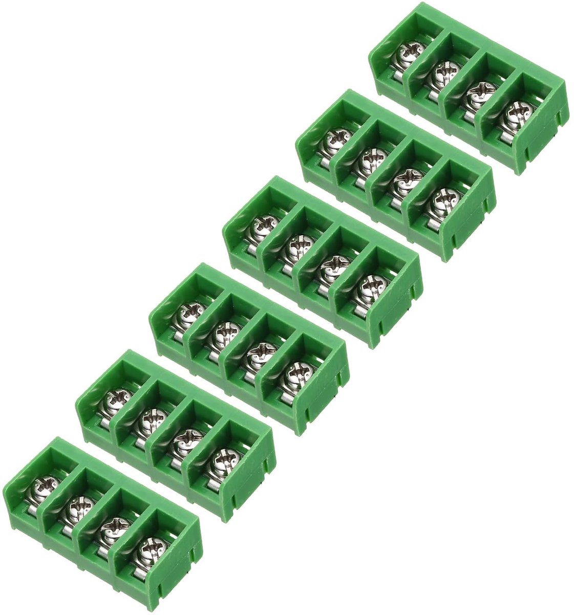 Klemstrip met 4 posities, 3,8 x 1,8 cm, 300 V, 30 A, stap 9,5 mm, PA66, eenvoudige montage op printplaten, schroefklemmen, 6 stuks, groen