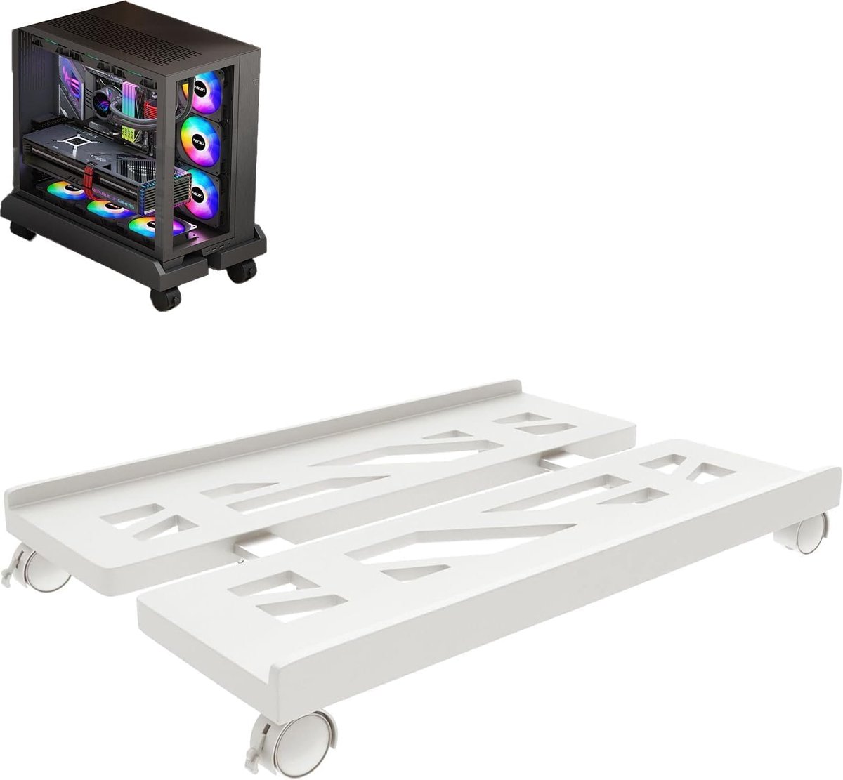 mobiele CPU-standaard, geschikt voor pc tower-computerstandaard, universele CPU-standaard met vier wielen, computerdesktop, kleur is wit.