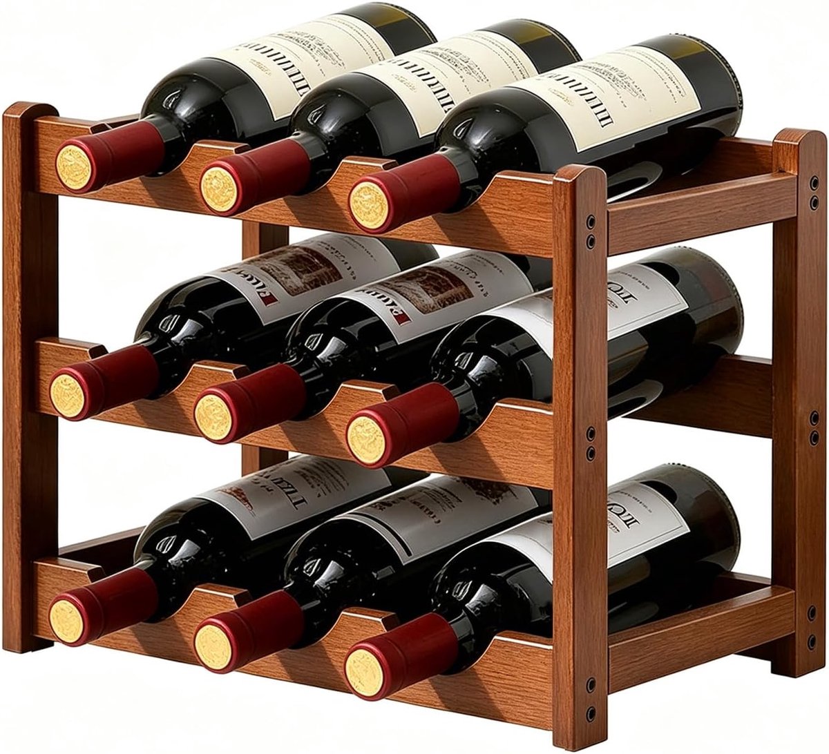 bamboe wijnrek, 3 niveaus, geschikt voor 9 flessen, 32,5 x 23,5 x 25 cm, stapelbaar, wijnrek, klein, eenvoudig te monteren, wijnrek voor keuken, bars, wijnkelder, bruin