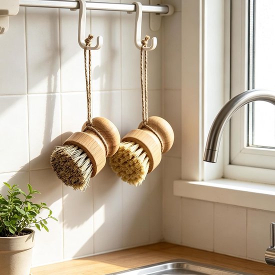 3 stuks afwasborstel, afwasborstel, hout, rond - Borstel met lange bamboe, paddenstoelborstel, natuurlijk sisal voor servies, potten, pannen, groenten, gootsteen — afbeelding 4