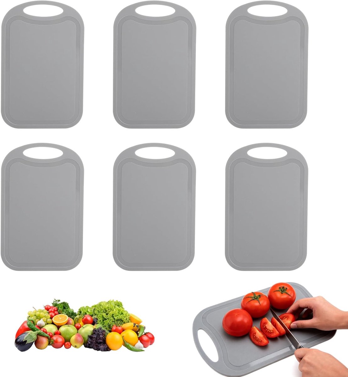 snijplank kunststof set van 6 - snijplank kunststof voedselveilig en vaatwasmachinebestendig - met groef en ruimtebesparend ontwerp - voor groenten, vlees, camping, kleine keuken