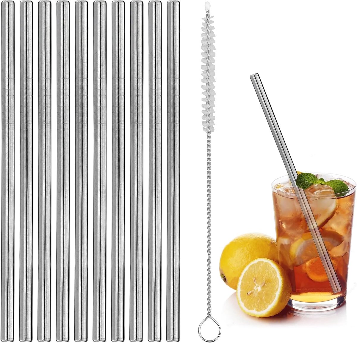 10 stuks metalen rietjes, roestvrijstalen rietjes, drinkrietjes, cocktailrietjes, kort klein mini-rietje, herbruikbaar met schonere borstel voor cocktails, gin-glas, koffie, wijnglazen, vruchtensap,