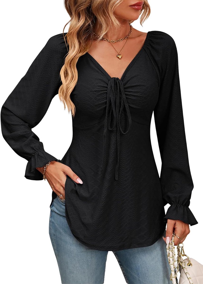 T-shirt voor dames, lange mouwen, sexy top met V-hals, tuniek, effen shirt voor feestjes, dagelijks gebruik