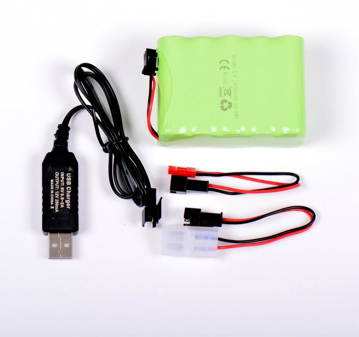 Accu Ni-MH 12V 2400mAh 72 x 52 x 30 mm met USB-oplaadkabel en stekker SM 2P Ket TAMIYA JST E3D4