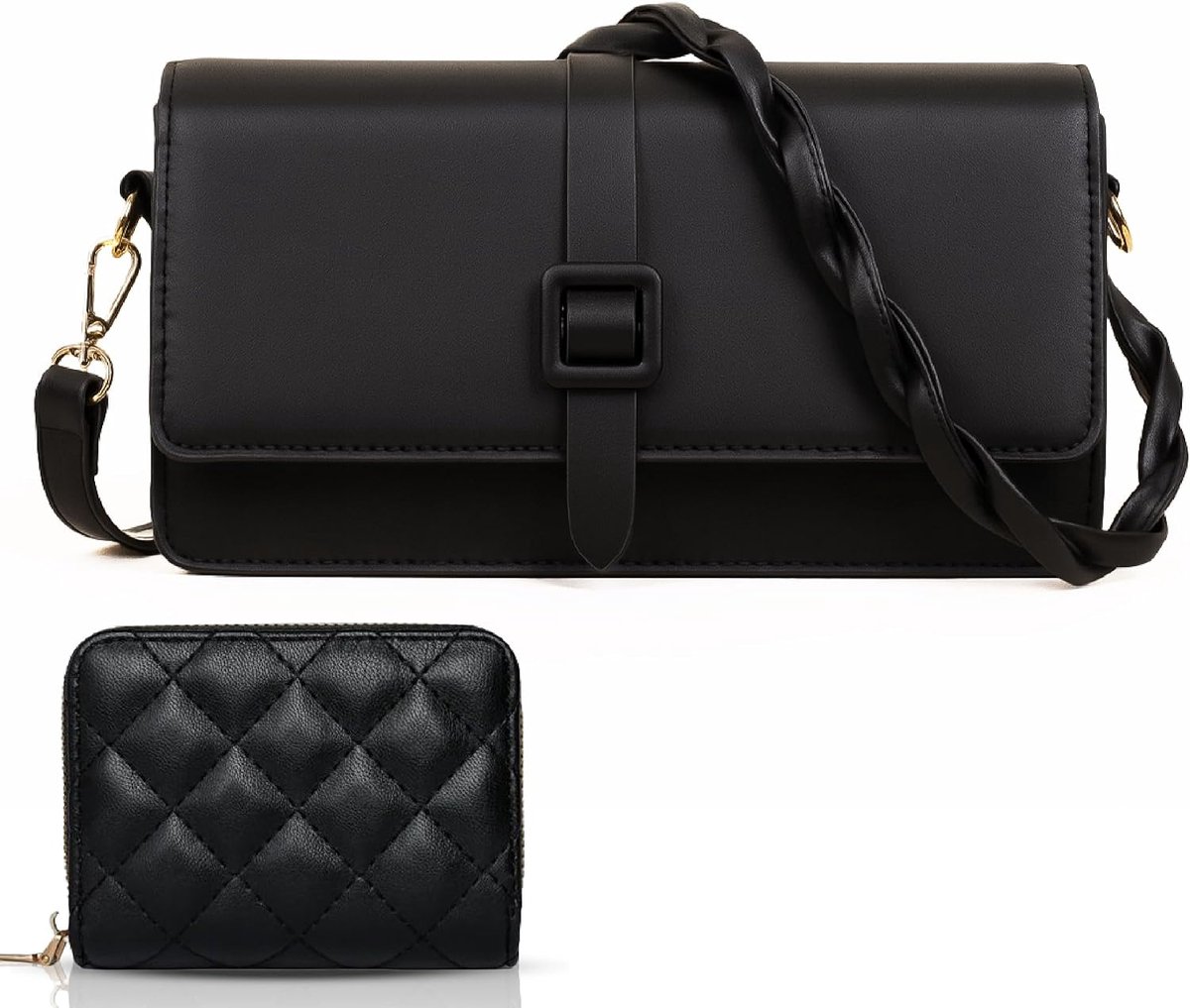 Schoudertas voor dames, zwart, voor feest, universiteit, zomer of winter, reizen, zeer modieus. Zwarte handtas, modern, casual en elegant. Set kaartetui.