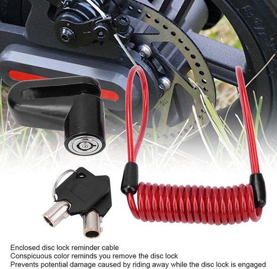 Remschijf slot - zwart - Elektrische step slot - Elektrische step Slot Accessoires - Slot voor remschijf - Motorslot - Diefstalbeveiliging - met rood herinneringskabel, 2 sleutels en opberg houder - voor scooter, fiets, elektrische fiets van Monzana — afbeelding 4