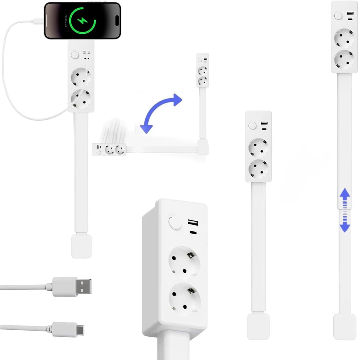 Stekkerdoos met USB-A-poorten, USB-C en 2 stopcontacten, uittrekbare en draaibare wandverlenging, ideaal voor nachtkastjes, banken, kantoren en andere moeilijk bereikbare plaatsen.