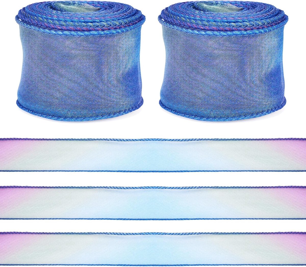 2 rollen organza doorschijnende linten 40 mm gradiënt iriserende tule mesh linten voor bruiloft boeket geschenkverpakking kleding accessoires, blauw
