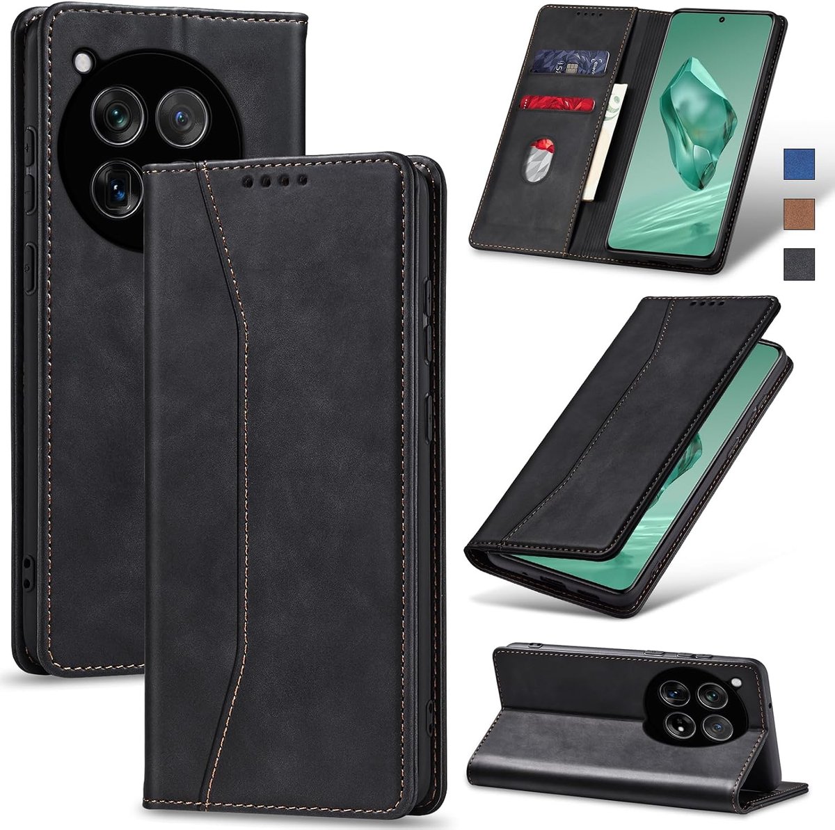 Hoesje voor OnePlus 12 Hoes Book case, Premium Lederen Flip Wallet Telefoon Case [Kickstand]Hoogwaardige cover mobiele telefoon case geval beschermhoes (Zwart)