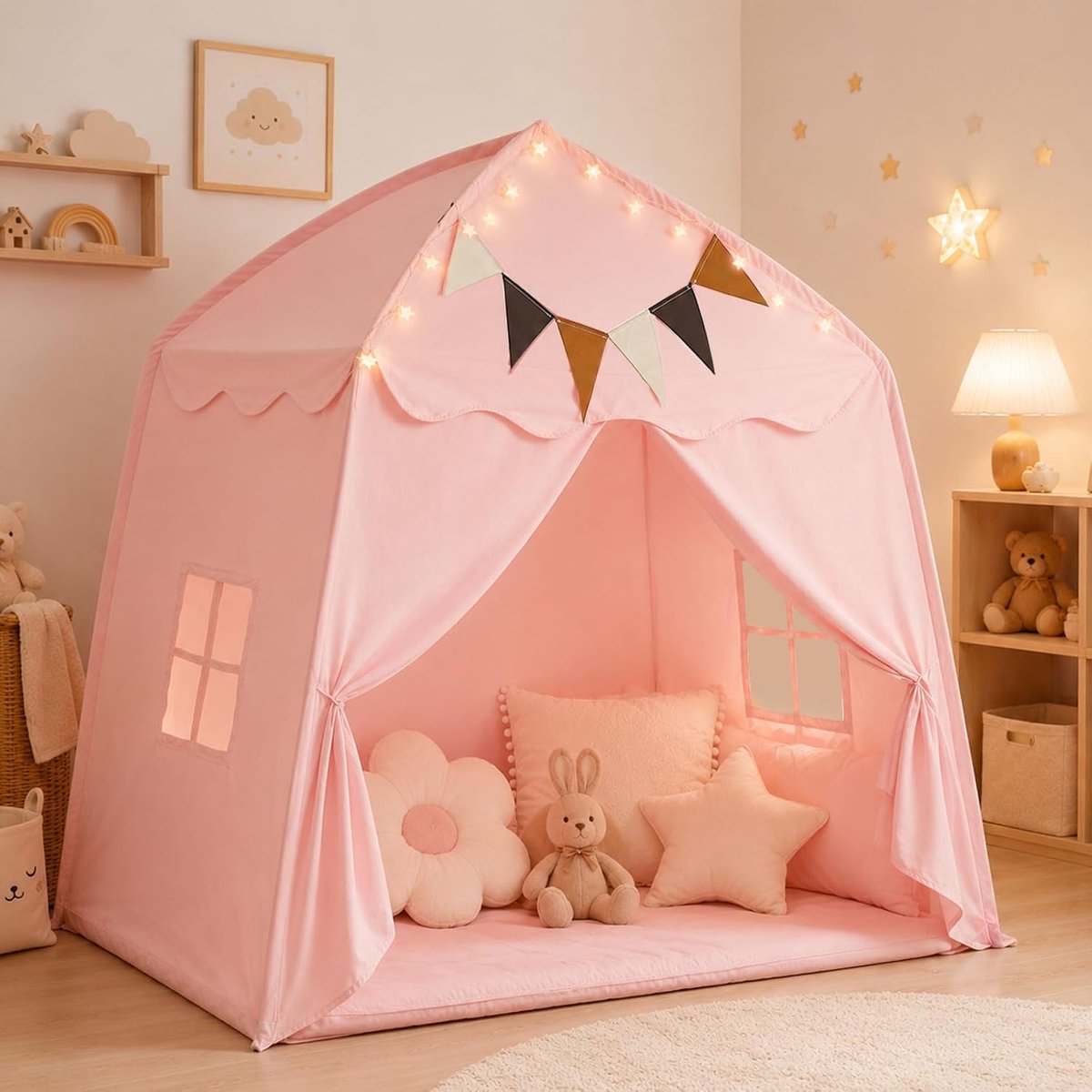 grote speeltent voor kinderen, draagbaar en opvouwbaar tipi speelhuis met vlaggen, jongens en meisjes, koepeltent voor binnen en buiten, 150 x 100 x 150 cm (roze)