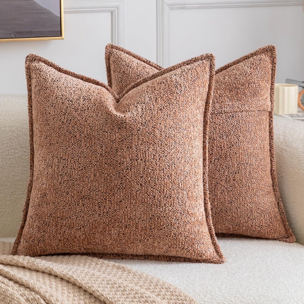 Kussenslopen, boho, zachte getextureerde chenille-kussenslopen, effen kussenslopen voor bank, slaapkamer, woonkamer, 45 x 45 cm, brons