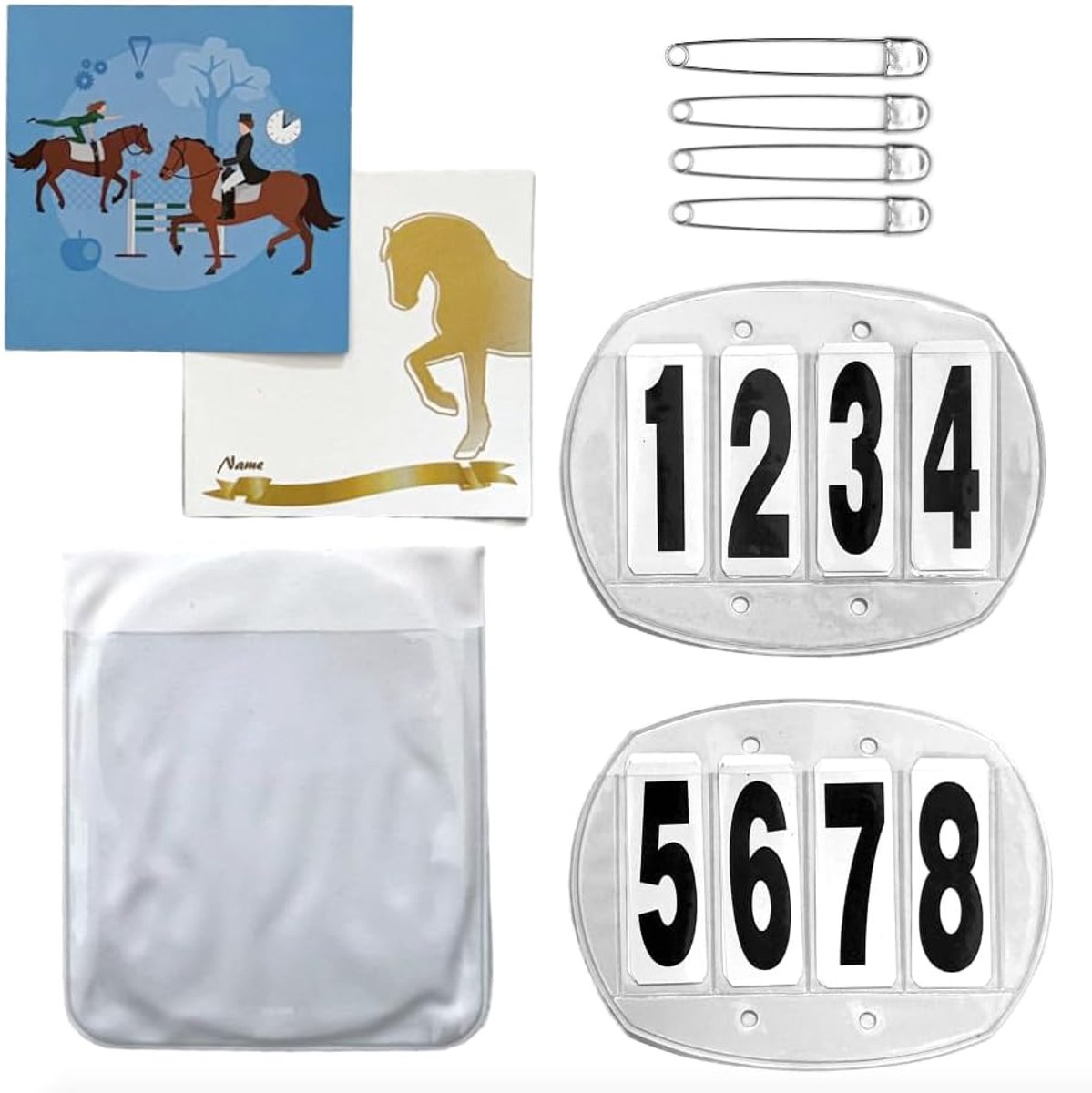 JA Horse startnummers hoofdnummers toernooinummers nummerhouder: paar 3-cijferige bestelling 4-cijferig paard paardrijden toernooi nummers met veiligheidsspelden Order elastiek (4-cijferig
