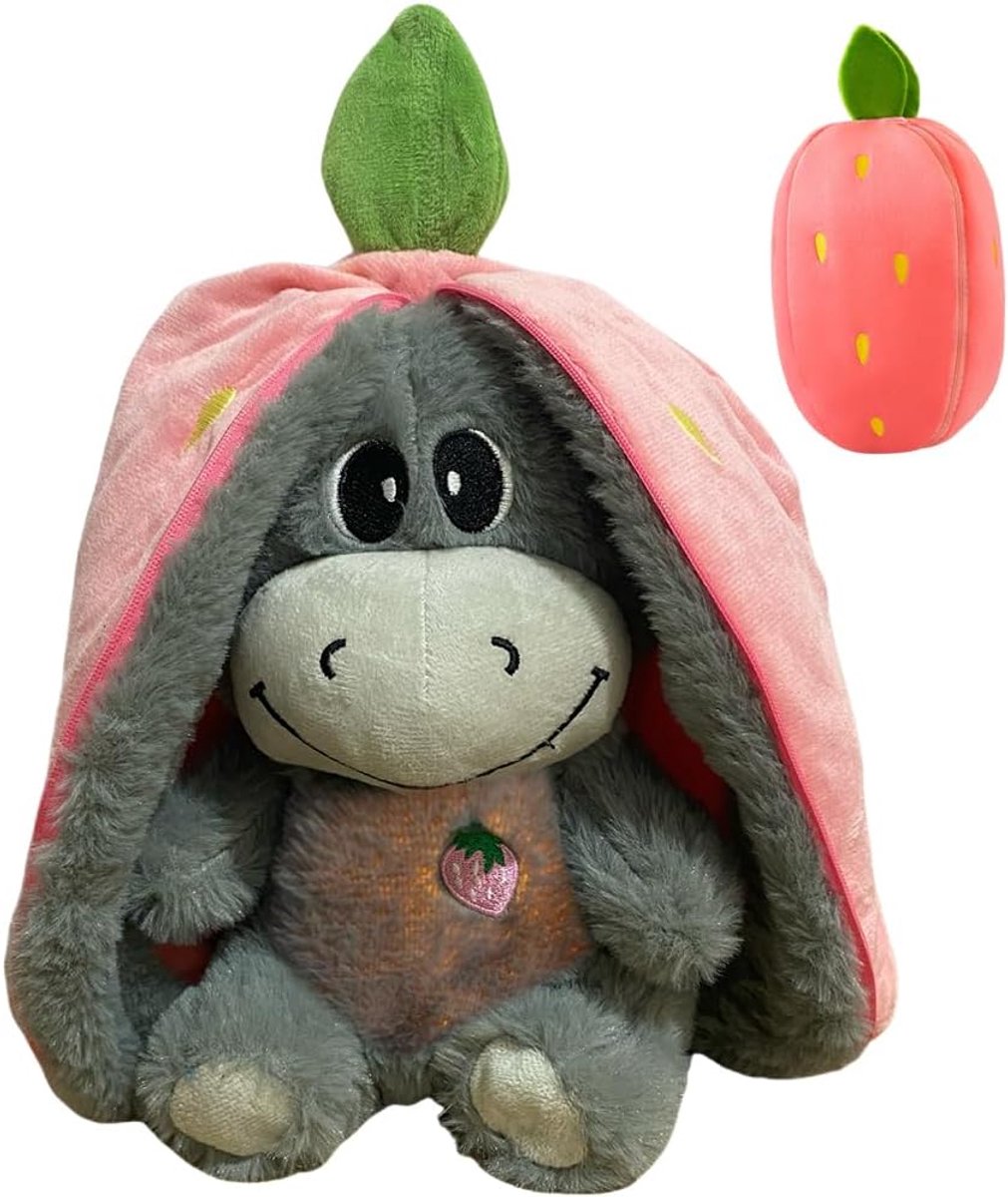 knuffeldier ezel, 32 cm hartslag, pluche ezel met ademhaling, muziek en verlichting, zachte aardbeien, avocado, pluche dier, knuffel, ademt ezel ter verlichting van angst (roze)