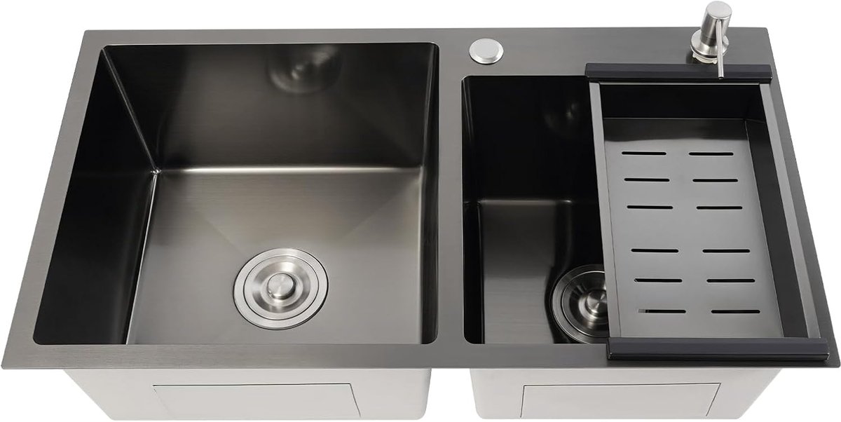 Dubbele spoelbak voor keuken 78 x 43 cm - onderbouw of bovenbladmontage - zwart met nano coating - SnelShoppen