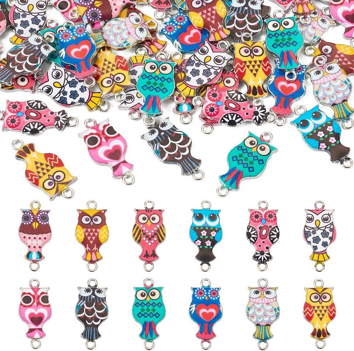 Bedels kleurrijke uil vogel links connector hangers mooie dieren sieraden bengelen bedels voor doe-het-zelf oorbel armband ketting sleutelhanger ambachten decoratie 12