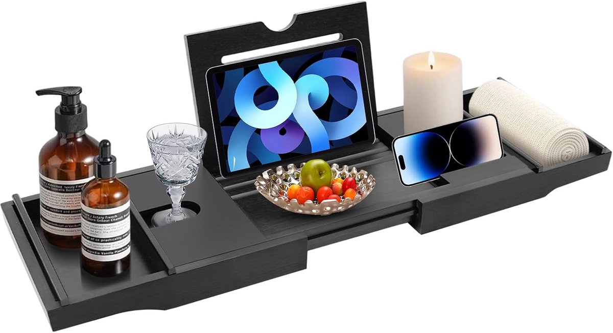 Badrek verstelbaar 75-111 cm - Zwart - Bamboo tray - Comfortabel baden met accessoires - SnelShoppen