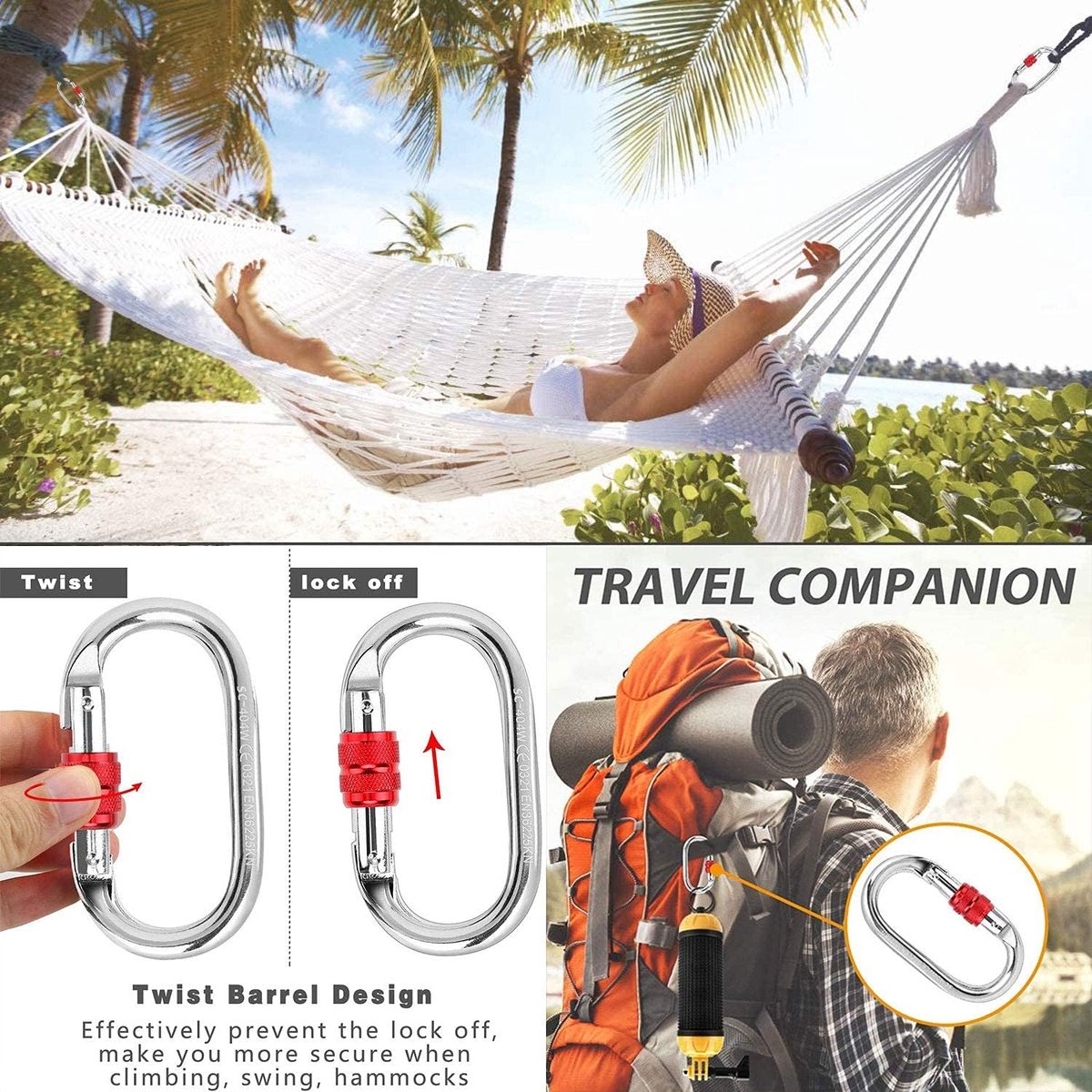 25 kN Heavy Duty lichtgewicht karabijnhaak clips met sleutelhangers - uitstekend voor het vastzetten van huisdieren, buiten, kamperen, wandelen, hangmat, hondenriem, harnas, sleutelhangers