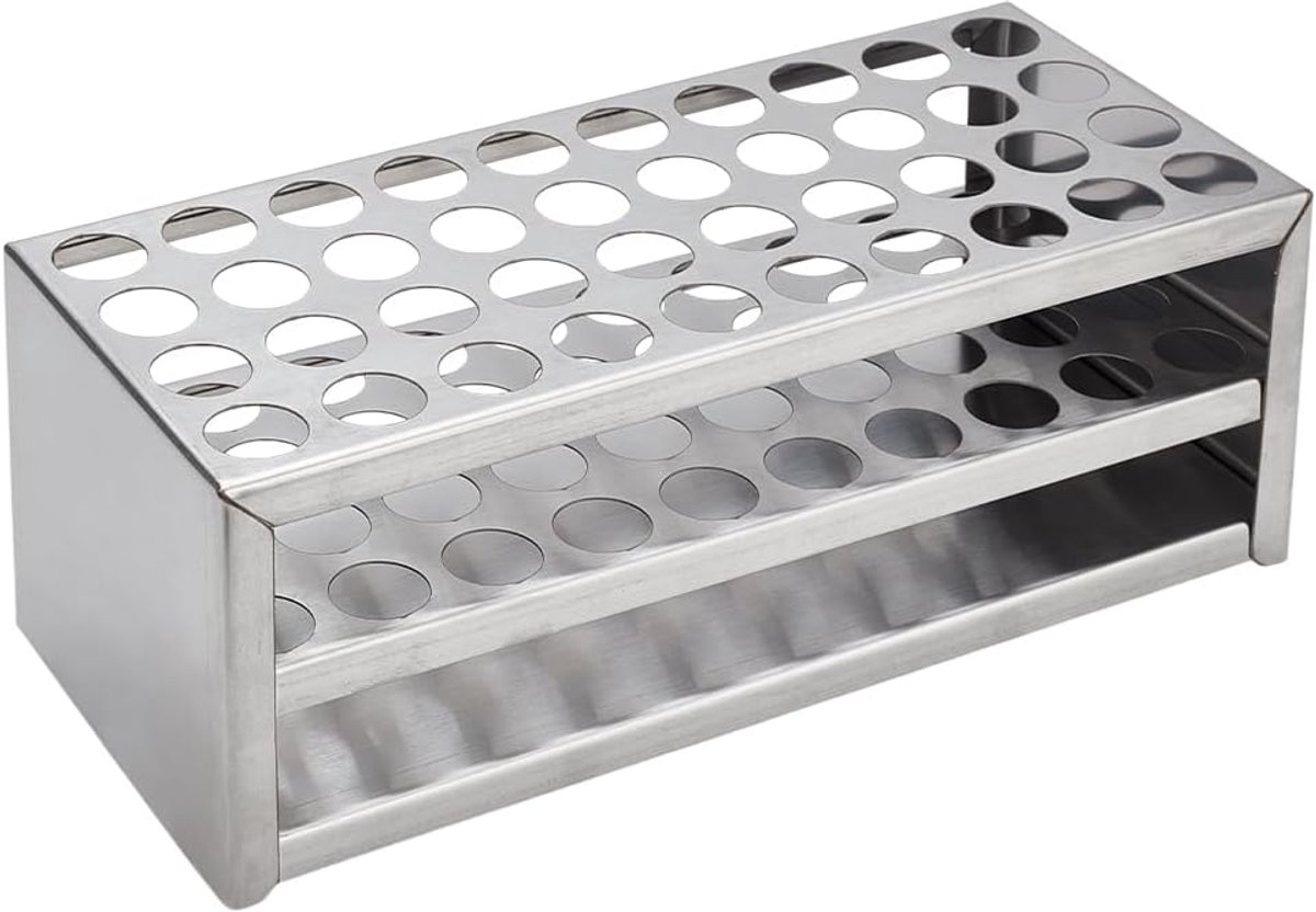 Reageerbuishouder met 3 verdiepingen, voor 40 reageerbuisjes, roestvrij staal, buishouder, laboratoriumbenodigdheden, rechthoekige reageerbuisstandaard, gaten 18 mm, voor