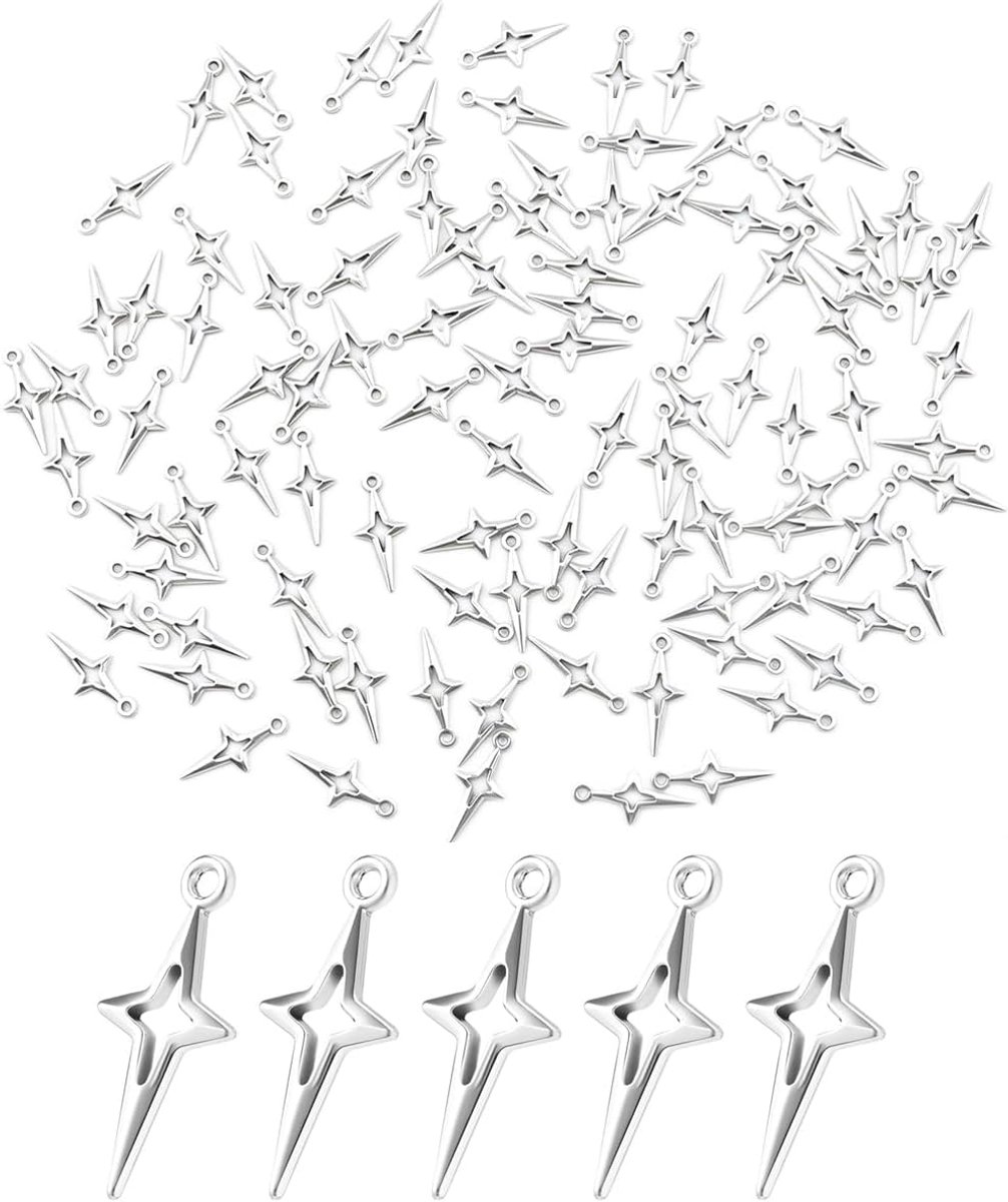 100 stuks kruisvormige vierpuntige sterhangers, zilveren sterbedels voor doe-het-zelf handwerk, armbanden, oorbellen, halskettingen, hangers (10 x 23 mm)
