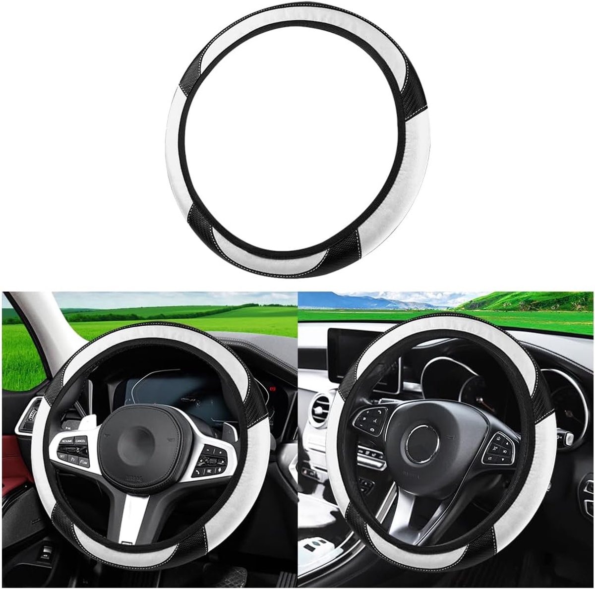 Autostuurhoes, stuurhoes van microvezel-leer, antislip, ademend, duurzaam, universele stuurbescherming voor de meeste vrachtwagens (zwart + wit)
