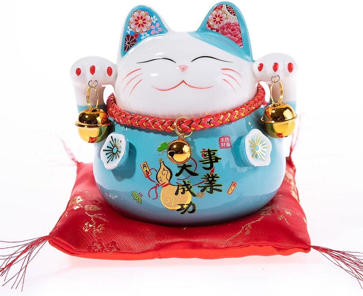 - Maneki Neko Japanse Geluksspaarpot - Aziatische Tradities - Blauwe Porselein Decoratie - Cadeau-Idee Japan Azië - Bescherming en Geluk