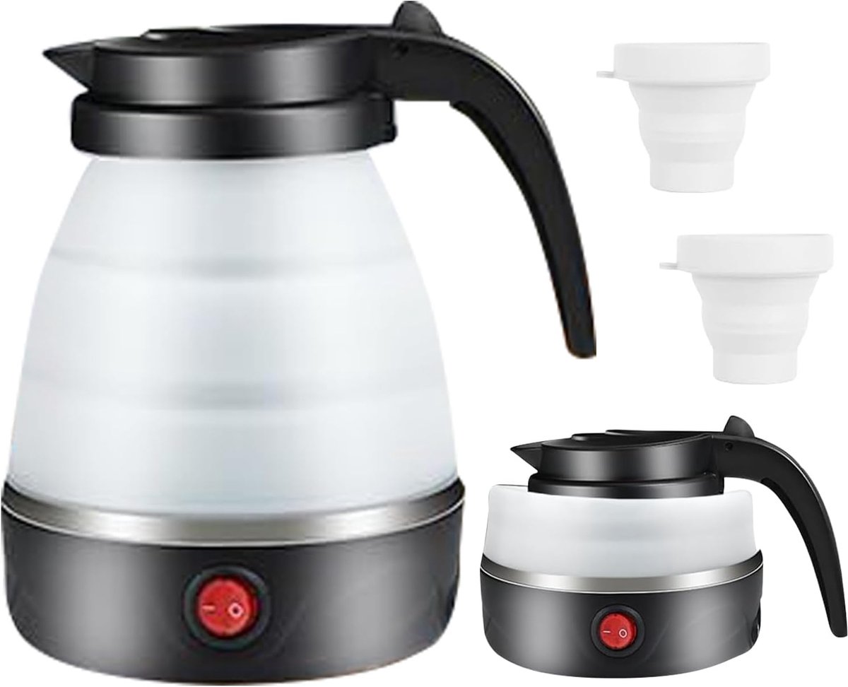 Elektrische Reiswaterkoker 600ml, Mini Waterkoker van Siliconen met Roestvrijstalen Bodem, Draagbare Camping Waterkoker voor Reizen Kantoor Wandelen Vakantie met 2 Opvouwbare Bekers