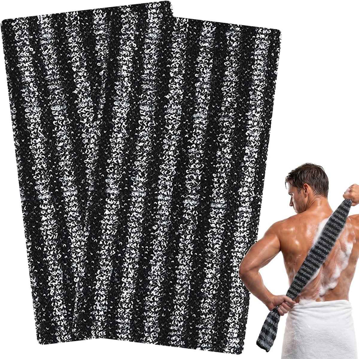2 Stuks Peelinghanddoek, Extra Lange Japanse Peelinghanddoek, Douchespons voor Dames en Heren, Lichaamsscrubber, Luffa Exfoliator (Zwarte Strepen)