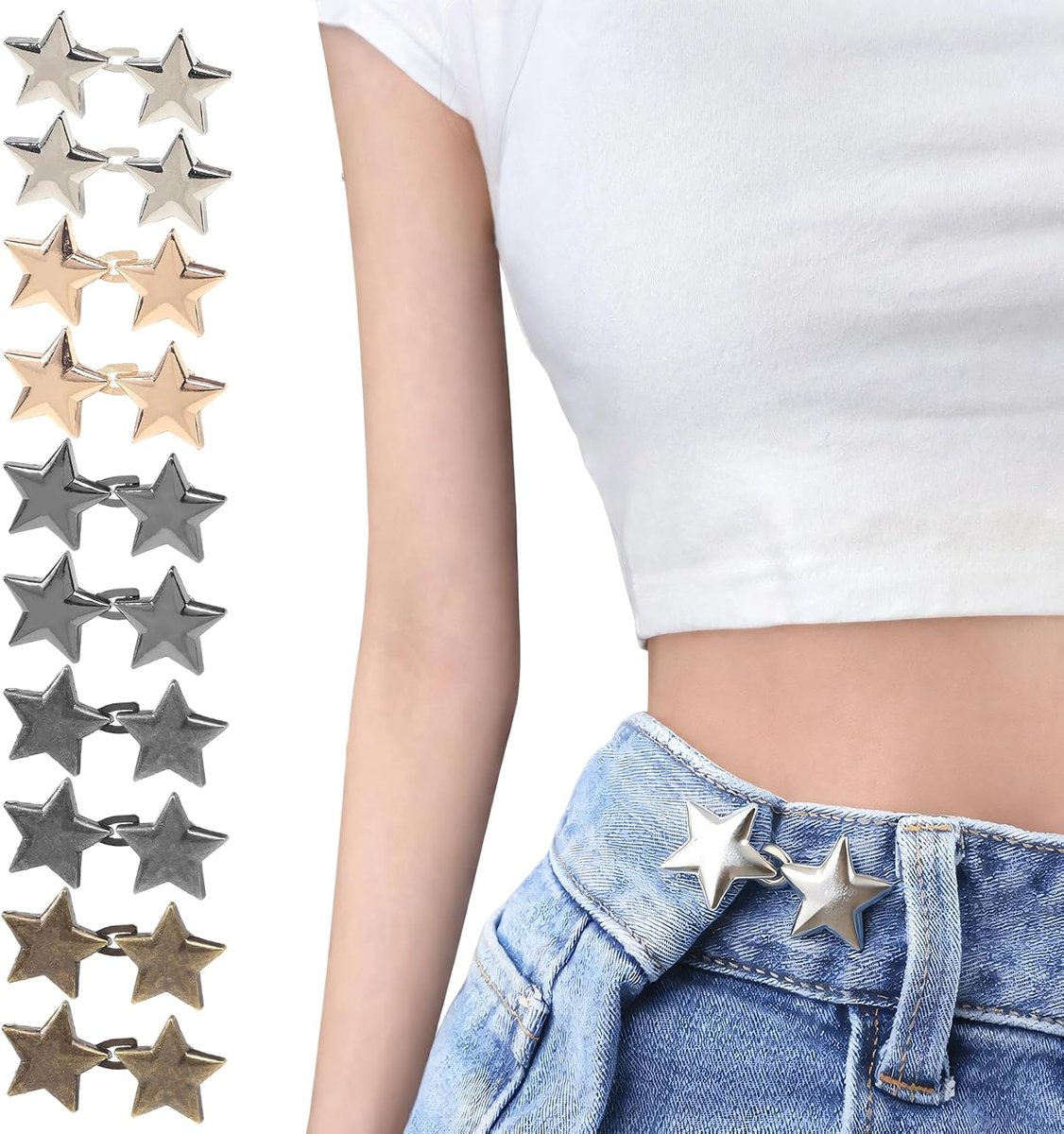 Knopen, broek met sterknopen voor losse jeans, herbruikbare riemclips voor kleding, jurken, rokken (5 kleuren)