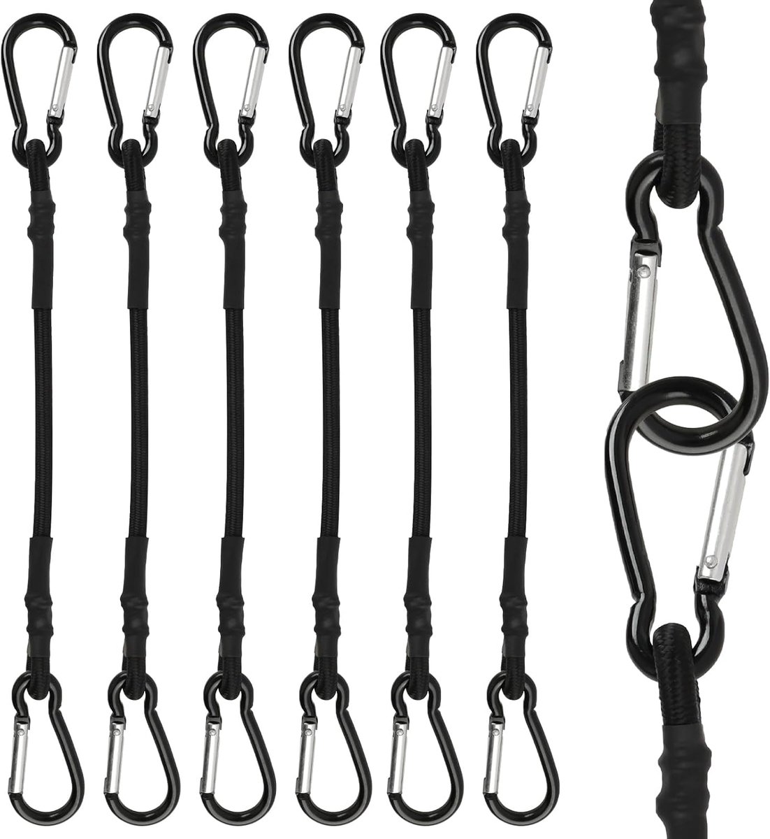 6 stuks elastische spanbanden met karabijnhaken, elastische koorden van versterkt rubber, voor camping, met metalen haken, voor tenten, auto's, motorfietsen, bagage en dekzeilen