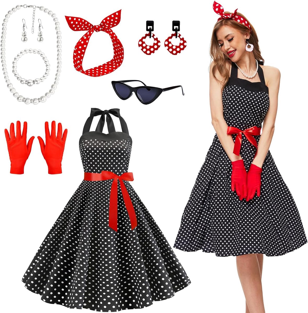 Jaren 50-kostuum voor dames, 9 stuks, rockabilly accessoires met kattenoogbril, oorbellen, hoofdband, halsketting, handschoenen voor motopfeest, retro party