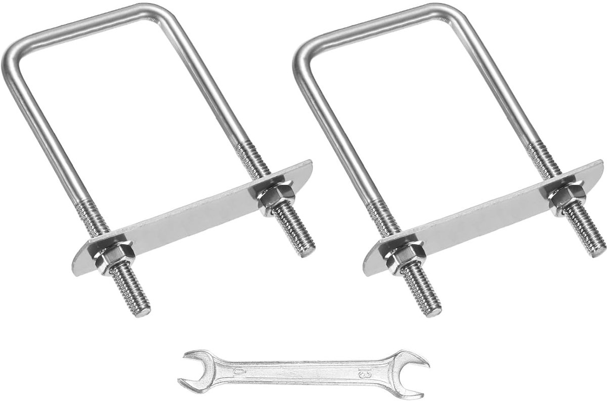 U-boutenset (M6 x 35 x 70 mm, zilver), 2 stuks, vierkante U-bouten, roestvrij staal 304, met frameplaten en moeren, sluitringen en sleutels, te gebruiken op skiën