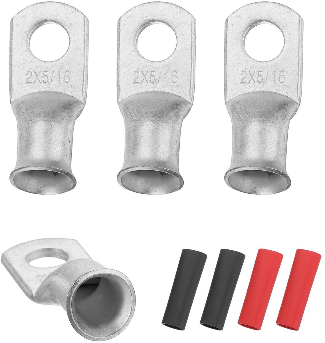 4 stuks 2 AWG M8 oogaccuklemmen, 5/16 inch 8 mm kabelconnector met klemuiteinde koper, 3:1 krimpkous, zilverkleurig