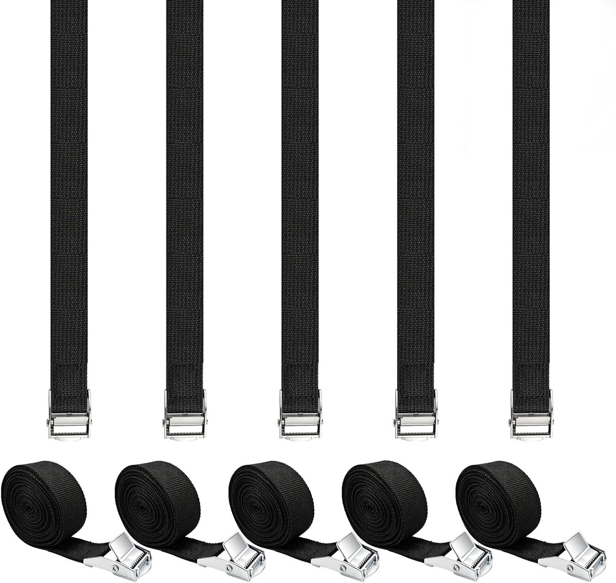 4 stuks sjorbanden met ratel, spanriemen, verstelbare bevestigingsriemen met gesp voor bevestiging van motorfiets, auto, fietsendrager, bagage, 5 m (zwart/10 stuks)
