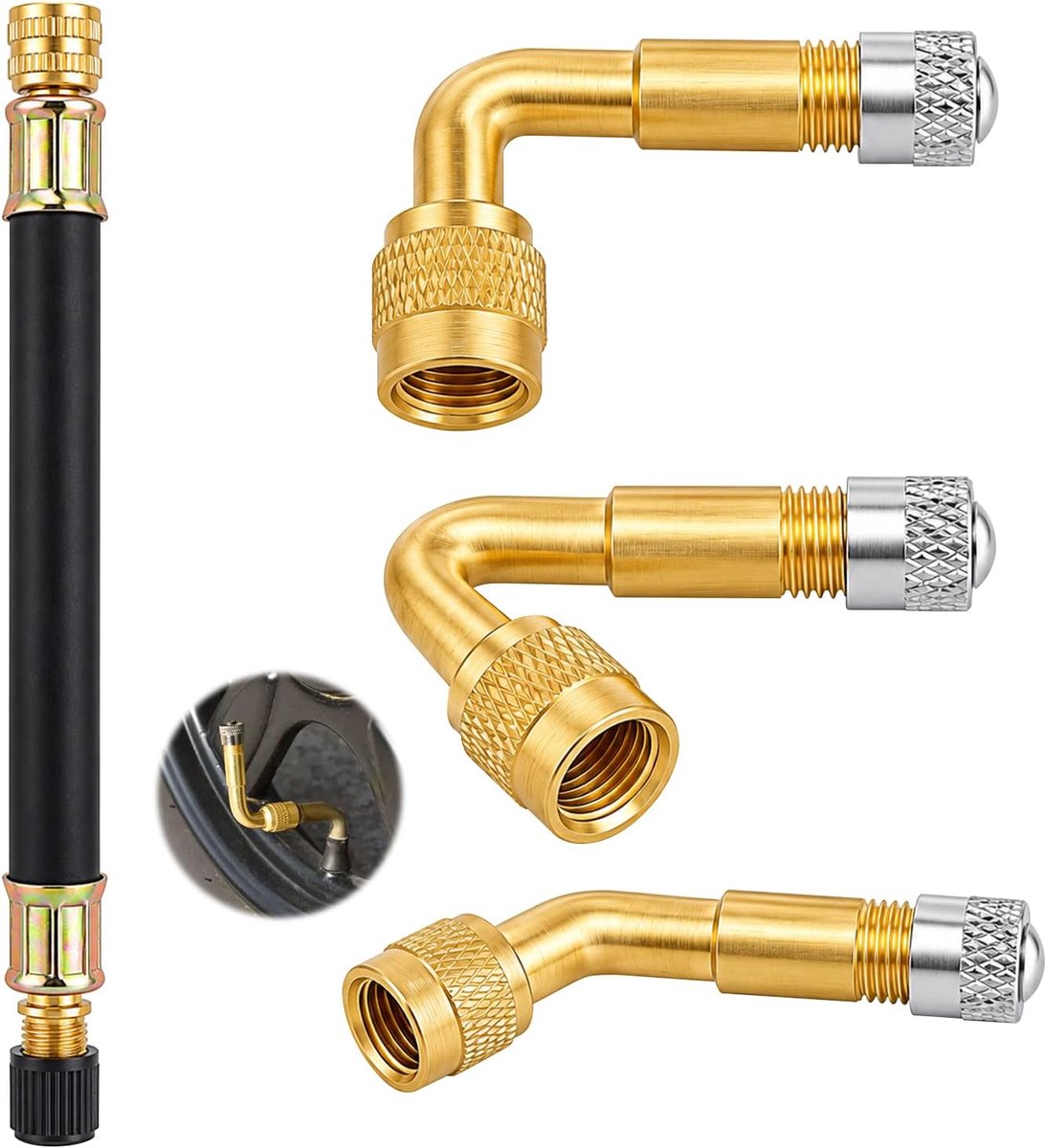 Ventielverlengingsset - 45, 90, 135 graden - 140 mm rubberen verlenging - incl. ventieldoppen - geschikt voor autoventiel (Schrader) - auto - motorfiets - camper - fiets - scooter