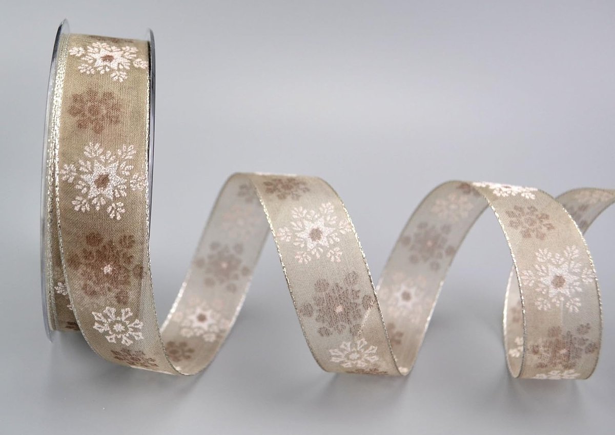 Snowflakes, decoratief lint, taupe/zilver, 20 m x 25 mm, cadeauband, Kerstmis, transparant, lint, stoffen band, sneeuwvlokken, sterren, glanzende randen met draad