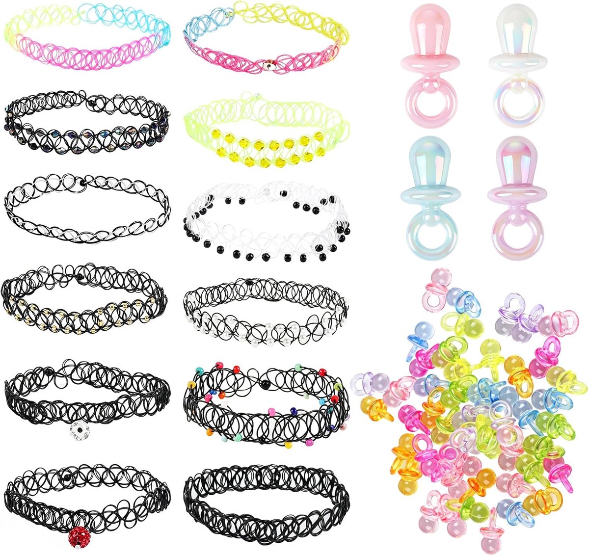 66-delige choker-halsbandset, elastische chokerketting voor dames, kleurrijke halsketting voor kinderen, meisjes, jaren '90, accessoires voor meisjes, dames, tieners en kinderen