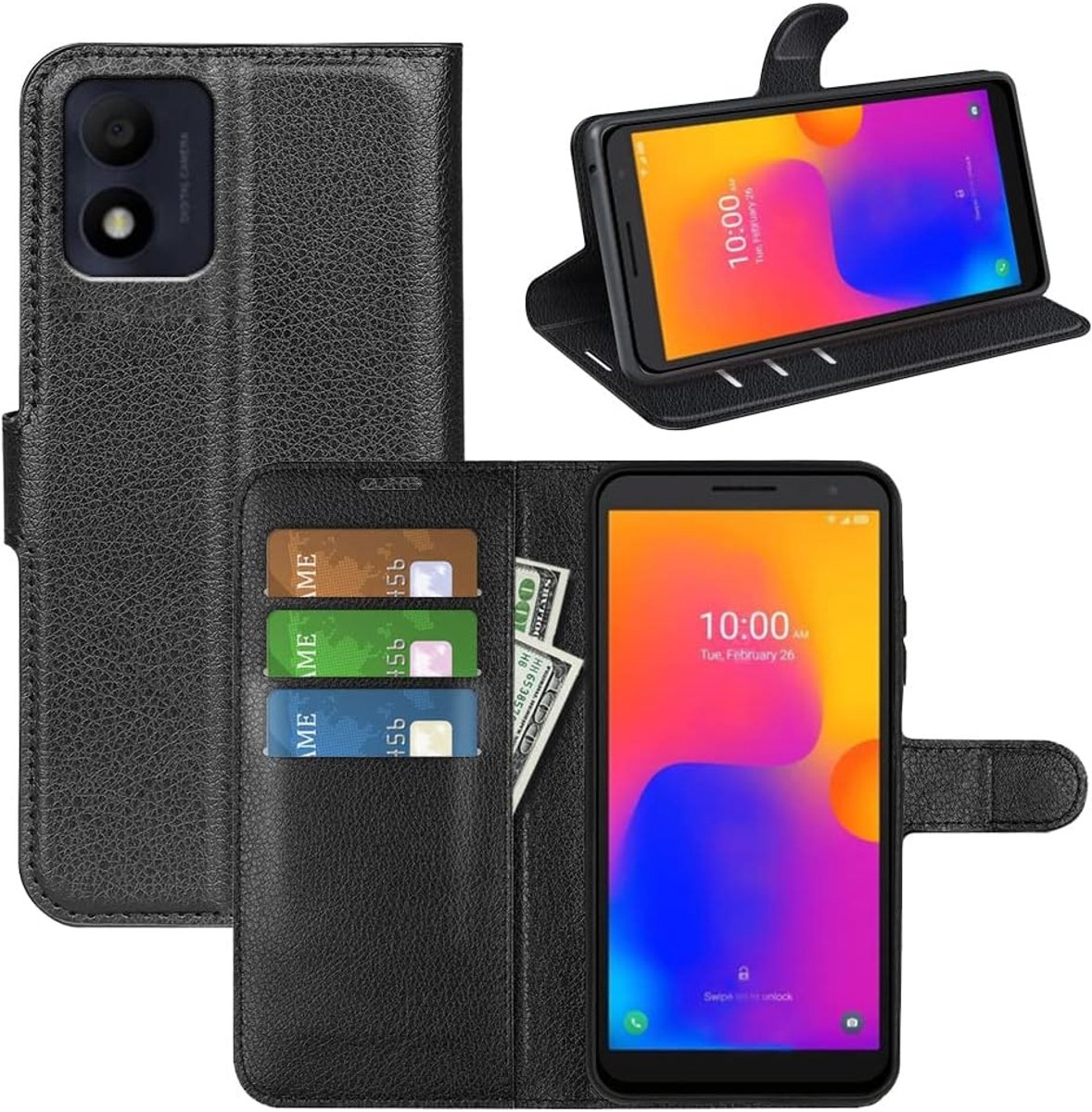 Hoesje voor Alcatel 1B 2022/Alcatel 5031G 1B, lederen portemonnee case flip cover met [kaartsleuf] [magnetische sluiting] [TPU binnenschaal] voor Alcatel 1B 2022/Alcatel 5031G 1B, zwart
