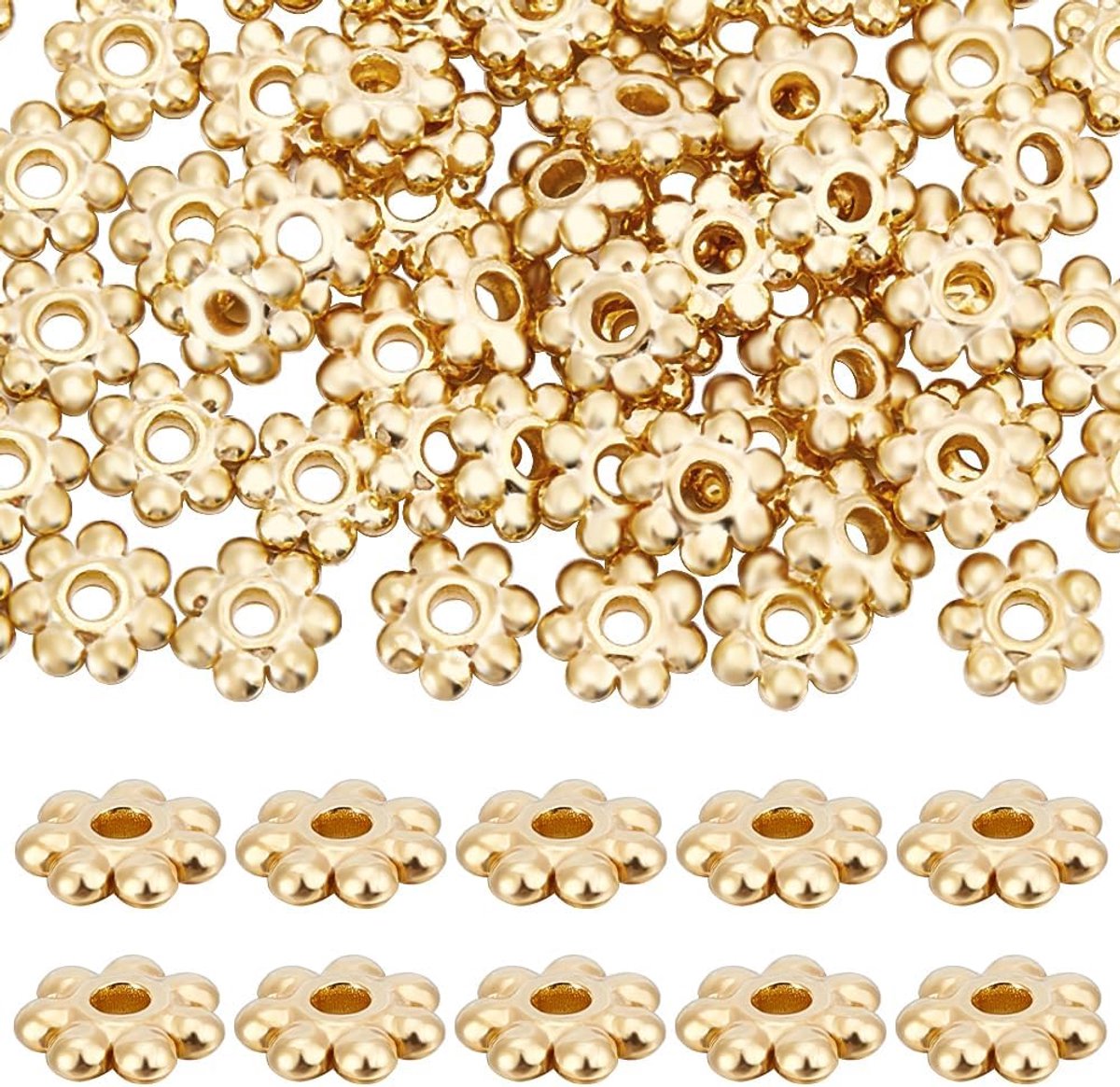 1 doos 80 stuks bloem spacer kralen 18K verguld roestvrij staal 6mm ronde madeliefje bloem zijden spacer kralen caps voor doe-het-zelf sieraden maken armbanden oorbellen