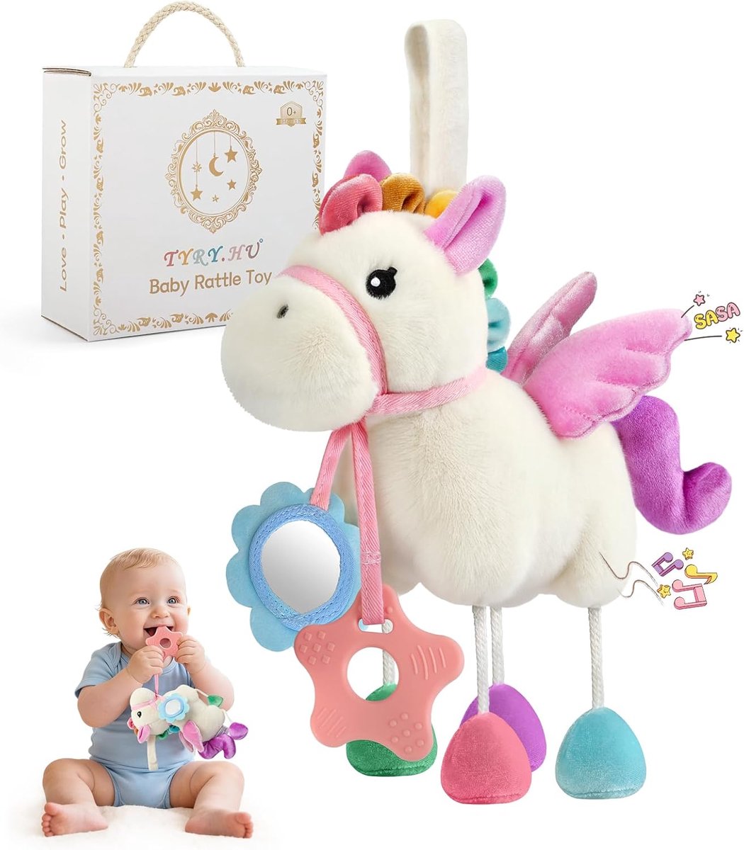 Speelgoed rammelaar voor kinderwagen en wieg, pony van pluche | Sensorisch bladpapier, tandring en spiegel, speelgoed voor de ontwikkeling van pasgeborenen, 0 maanden