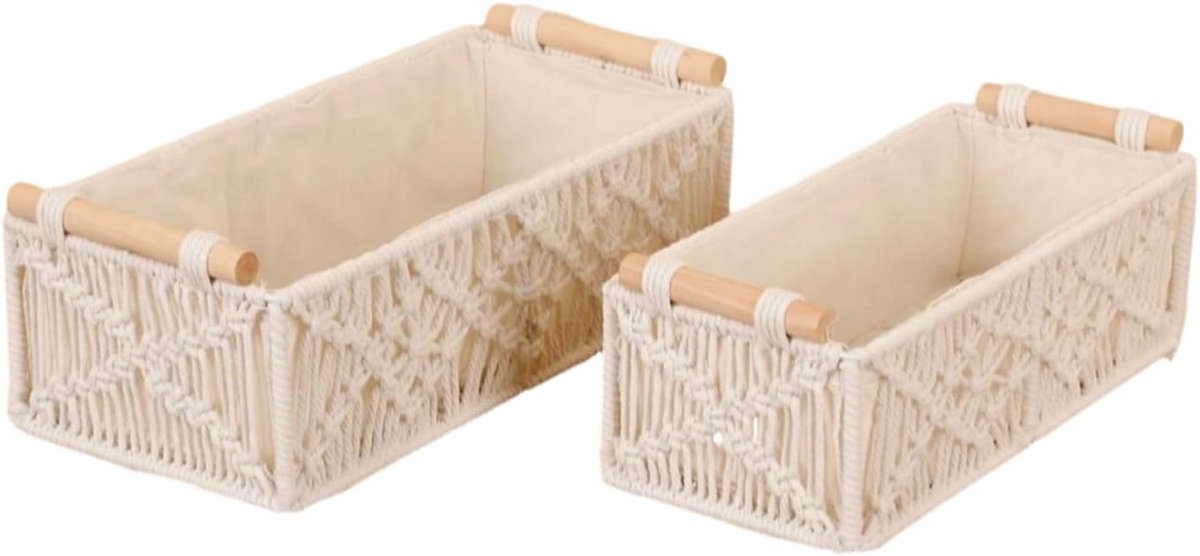 Set van 2 gevlochten opbergmanden, macramé opbergmanden, decoratieve doos, boho-decoratie, voor decoratie, geschenkmand, broodmand, snacks bewaren (wit)