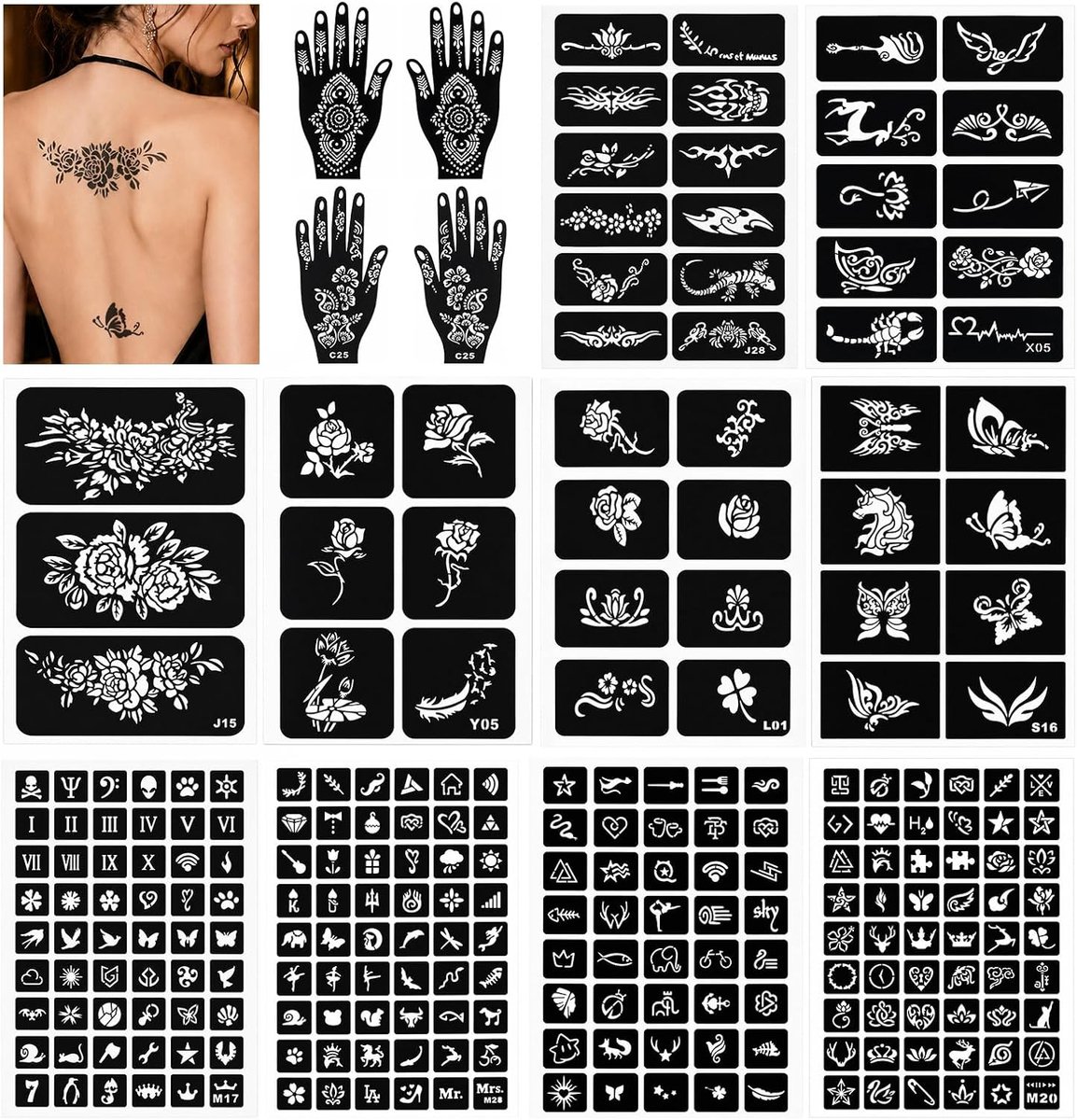 Tijdelijke tattoosjablonen voor gezicht en lichaam, herbruikbare doe-het-zelf Mehndi-sjablonen voor beginners, ideaal voor festivals