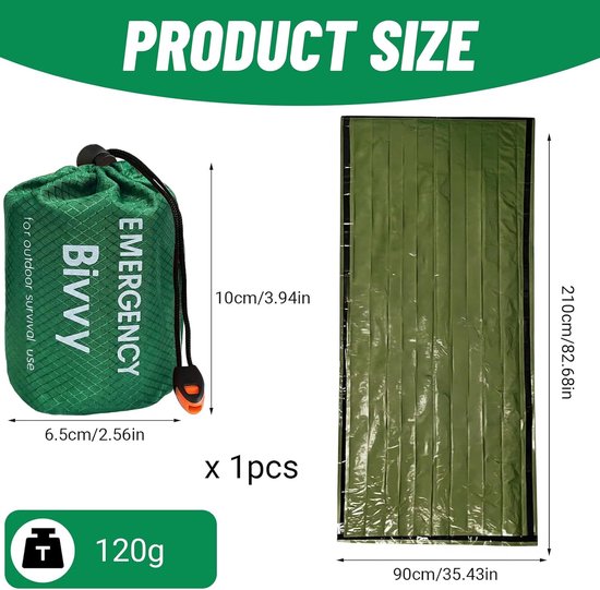 Noodslaapzak - Bivakhoes Warmtedeken - Buiten Overleven - Compact Lichtgewicht - 210x90 cm - Groen Oranje — afbeelding 5