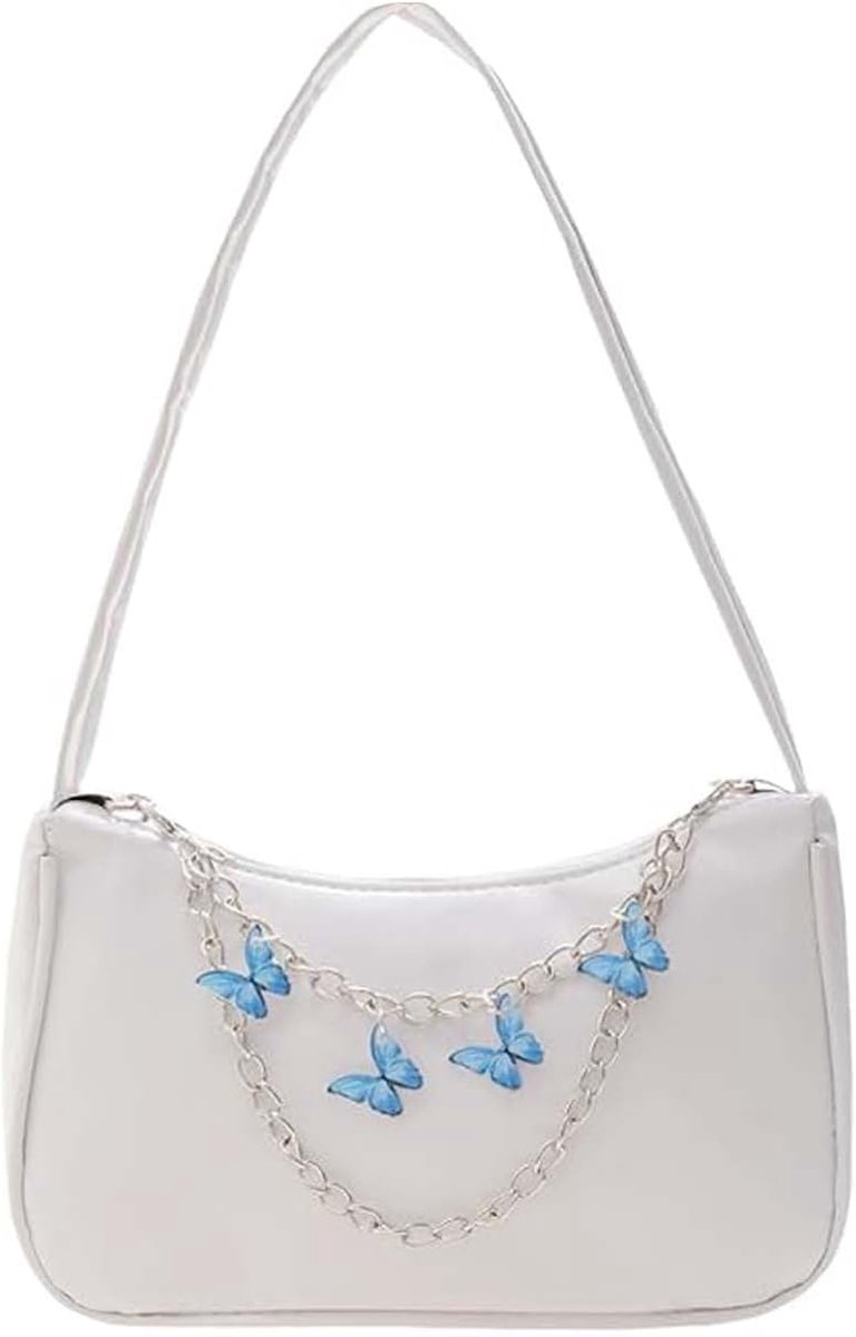 Handtas voor dames, kleine schoudertas met vlinderketting, mini-okseltas met ritssluiting, PU-leer, schoudertas, wit, handtas, vlinder, modieuze tas, coole tassen, tieners voor meisjes