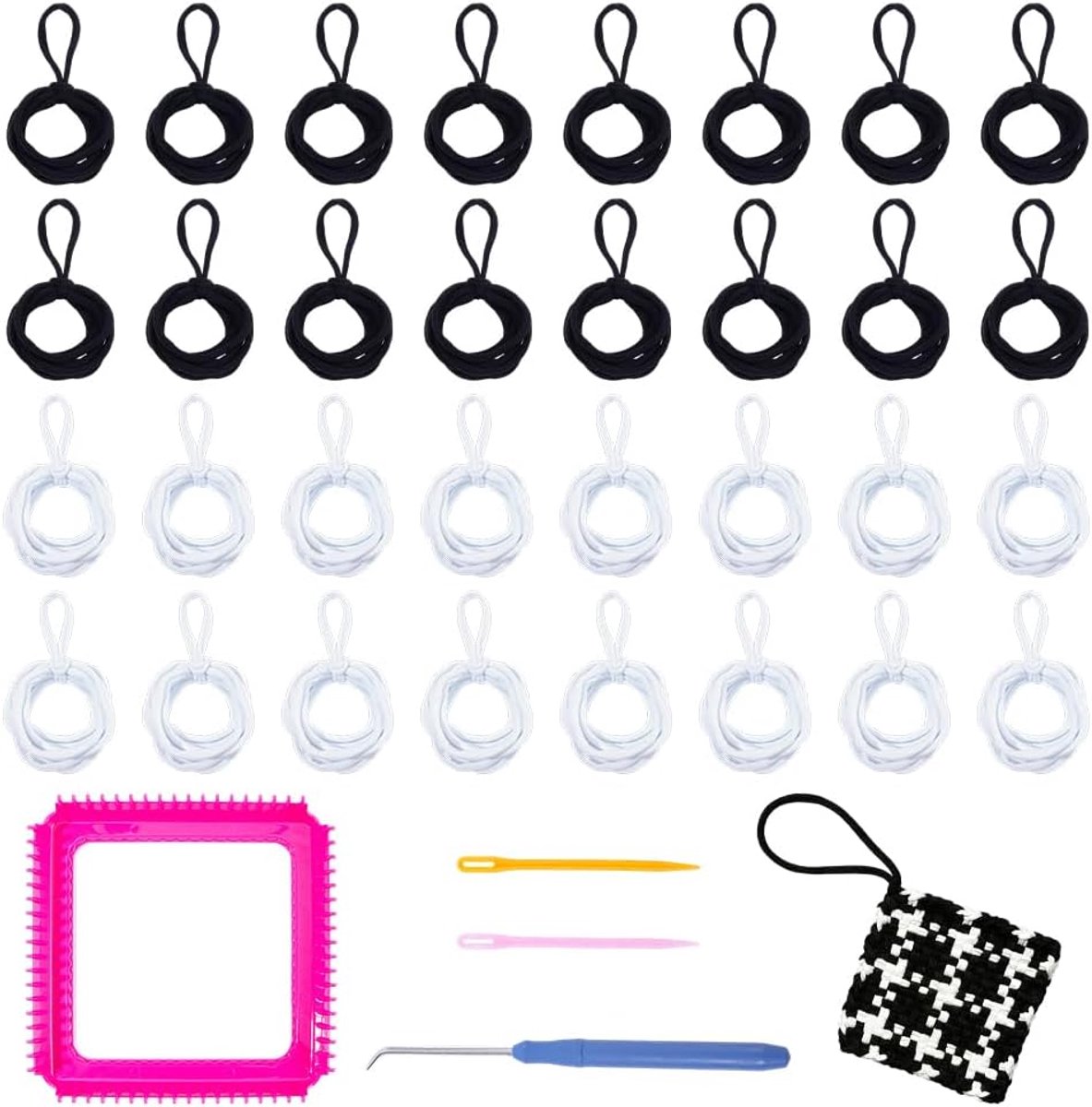 Weefweefgetouw kit bevat 100 stuks pannenlappenhouders strikken elastische geweven strik 1 stuk bindnaalden 1 stuk vierkant weven frame pannenlappenhouder