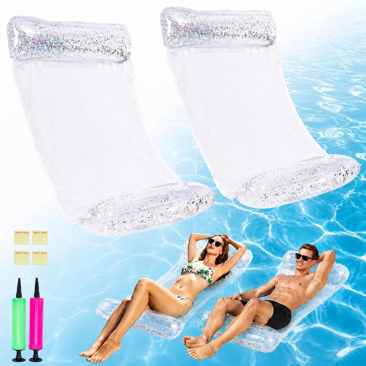 Zwembadmat 4-in-1 110 x 68 cm - Opblaasbare hangmat met glitters - Voor ontspannen en plezier in het water - ShopVlot
